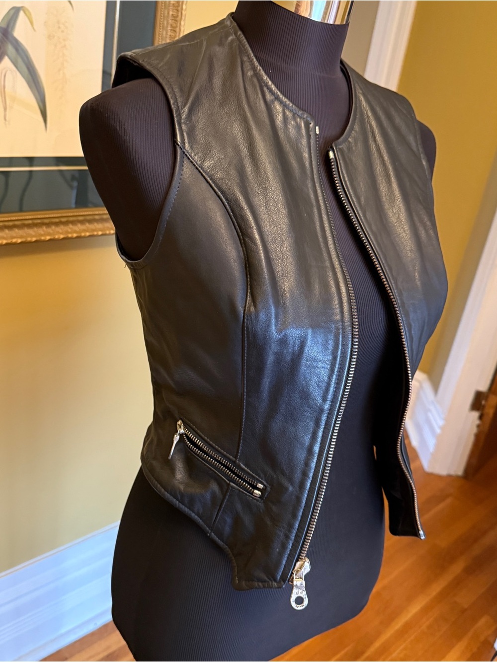 Women's Black Leather Zip-Front Moto Vest